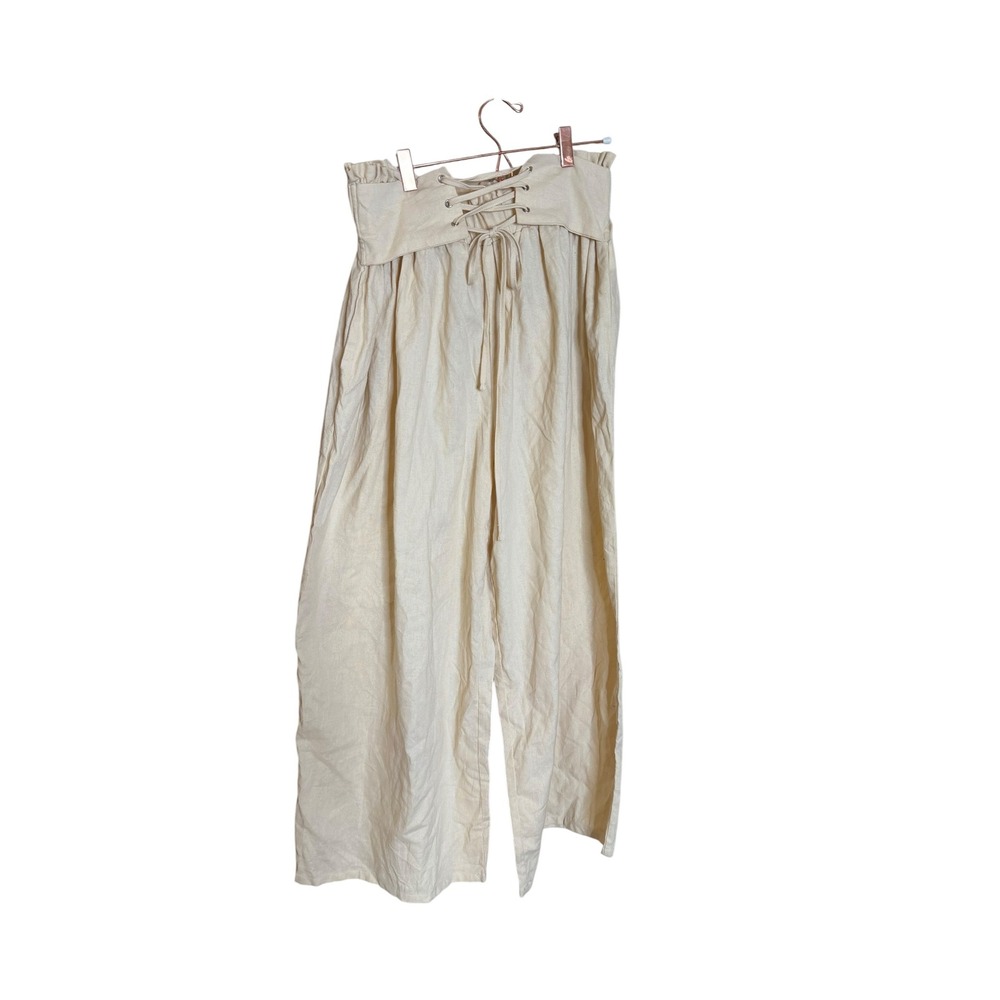 SHEIN Curve Beige Cotton Linen Lace Up Paperbag Waist Wide Leg Pants 2XL - Picture 2 of 8